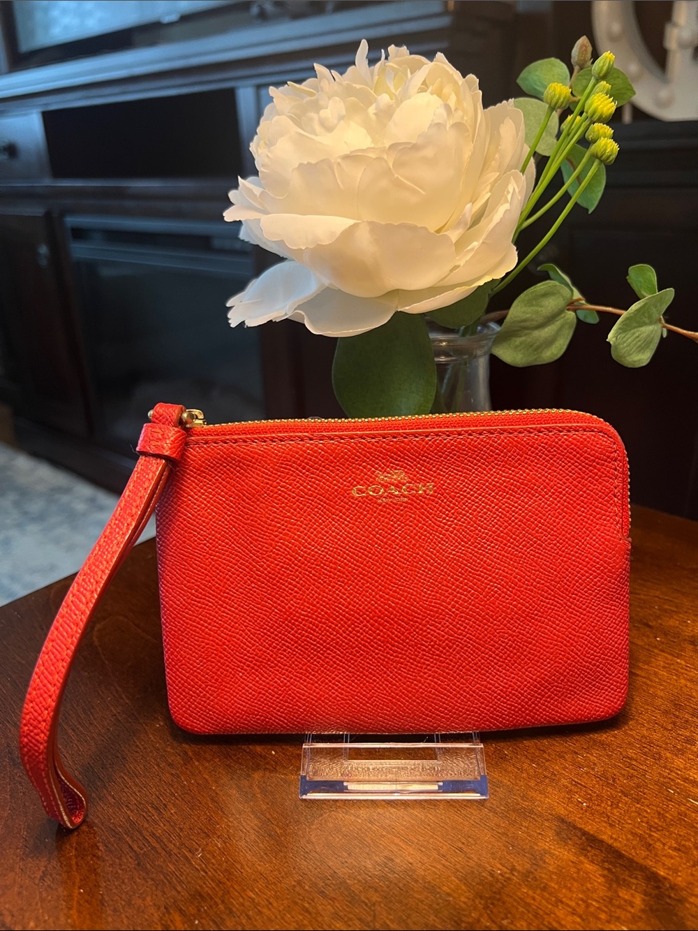 COACH Red Leather Wristlet with Gold Logo